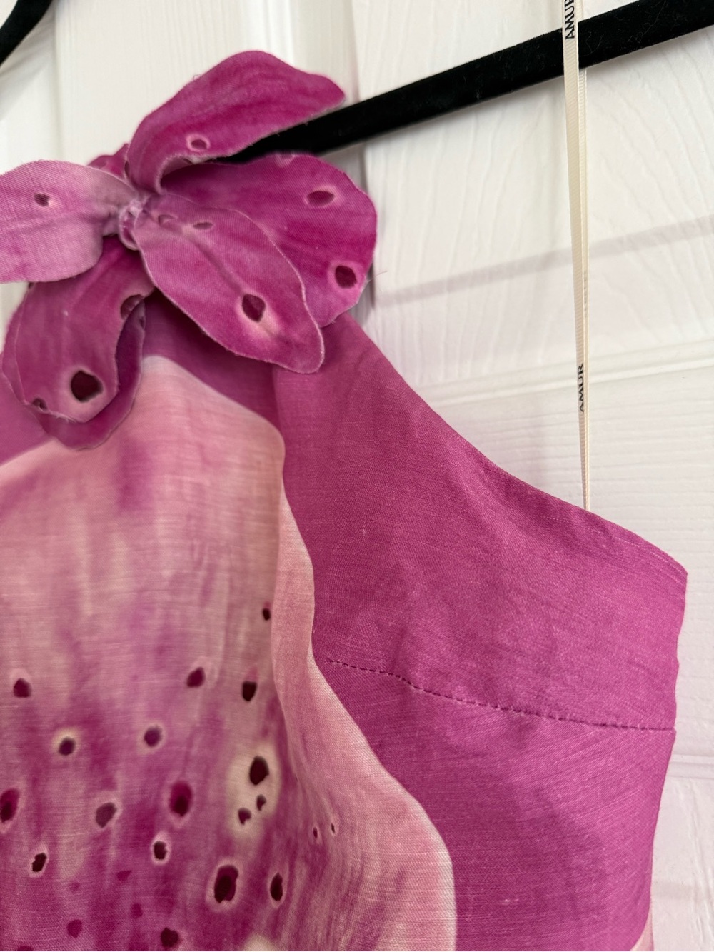 AMUR Everlee Orchid Print Linen Blend Halter Mini Dress Pink - Picture 6 of 16